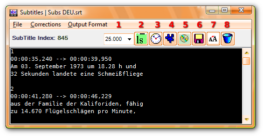 SubRips Editor-Fenster mit den Elementen der Symbolleiste nummeriert links beginnend mit 1 für die Framerate-Combobox bis 8 fürs Mülleimer-Symbol.